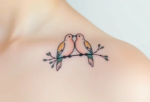 A pair of collared doves perched on intertwined branches, with shades of soft beige, pale blue, and subtle touches of green tattoo idea