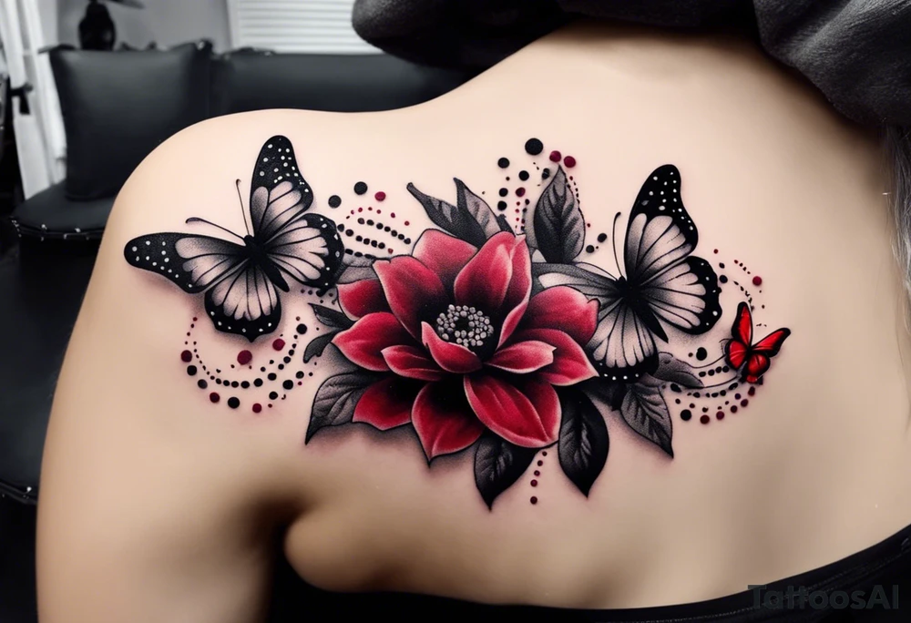 Flowers with "Ruby" in calligraphy font and butterflies around it tattoo idea