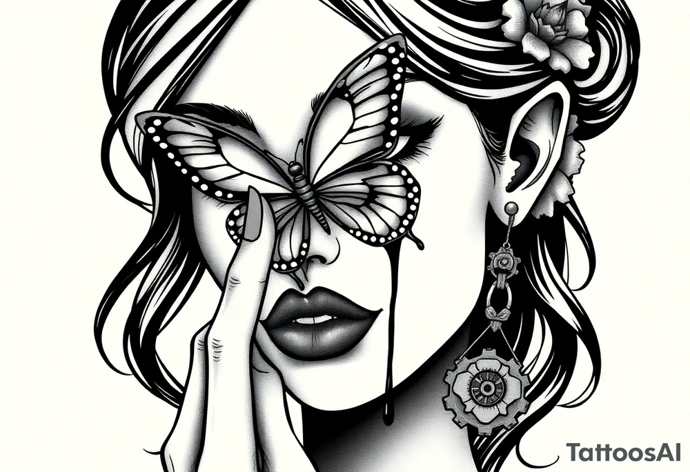 Black and grey realism tattoo design of a beautiful woman's face. And a butterfly landing g on her nose that covers her eyes  (see no evil), her left index finger is at her lips (speak no evil). Her ears are dripping blood that is steaming down her neck and cheek. The style is black and grey realism, hyper-realistic, dark, and evil. Incorporate ninja gear elements and mechanical details (gears) subtly into the background or clothing for a gear ninja evil look. Design for a full forearm sleeve placement tattoo idea