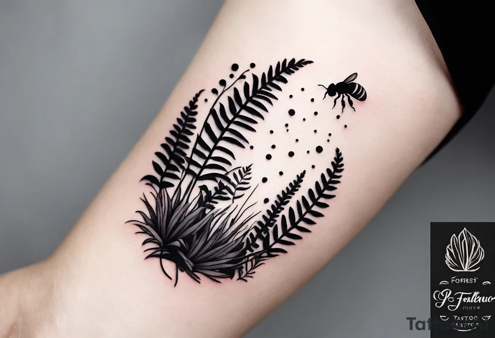 forest floor inspired minimalist tattoo, which includes grass, curly ferns, moss and dead leaves as the bulk of the tattoo. details to include: forest berries, a tiny bumblebee flying nearby, three small brown mushrooms
Generate a vertically long one tattoo idea