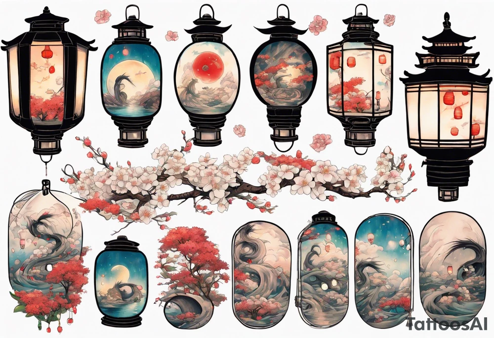 spirited away sleeve, chihiro uchigo, lanterns, blossoms, spirits, sen, tattoo idea