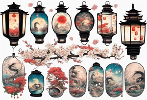 spirited away sleeve, chihiro uchigo, lanterns, blossoms, spirits, sen, tattoo idea