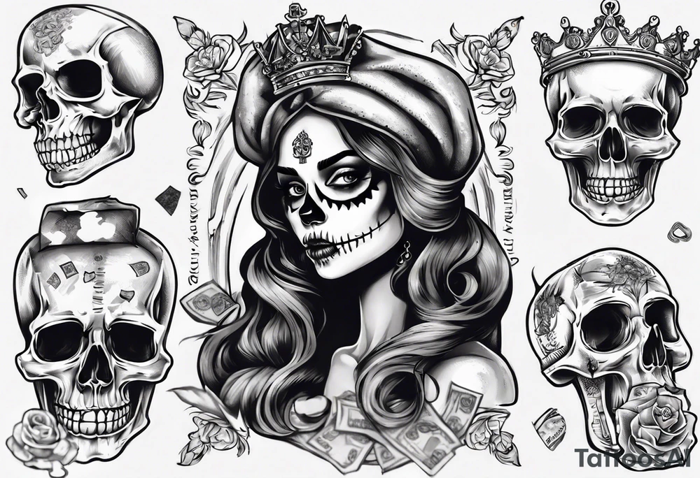 santa la muerta with money and crown
on the card tattoo idea