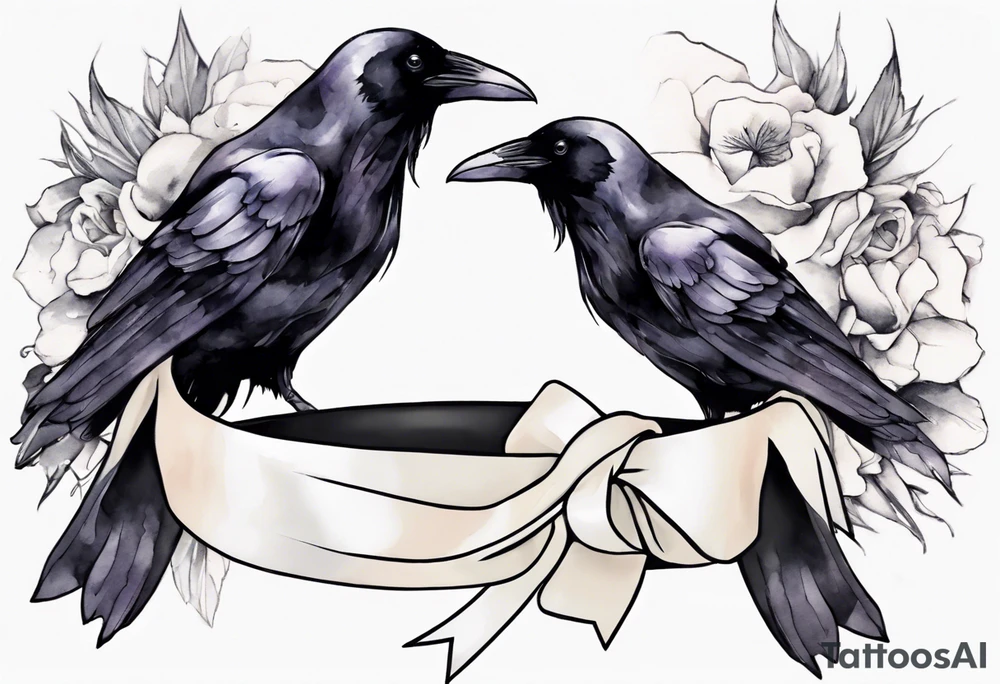 raven with a white ribbon bracelet tattoo idea