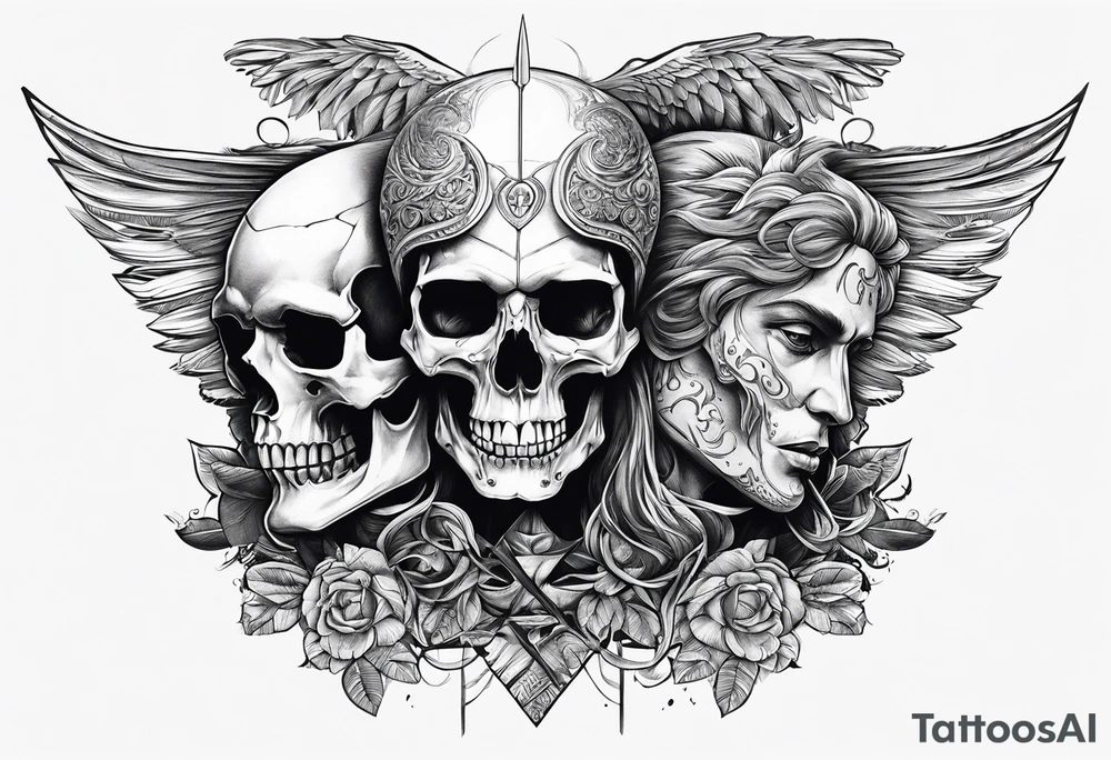 Thanatos and hypnos, 3 skull, sword, like greek statue, minimalist tattoo idea