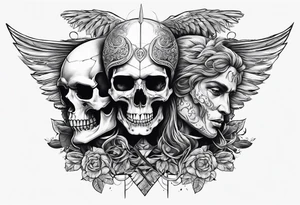 Thanatos and hypnos, 3 skull, sword, like greek statue, minimalist tattoo idea