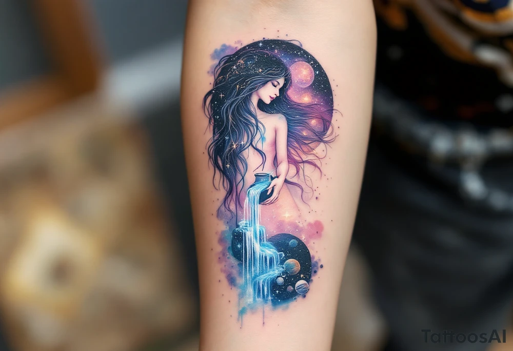 A celestial water bearer with flowing cosmic hair, holding a jug from which a glowing waterfall of stardust and planets spills, blending into the night sky. tattoo idea