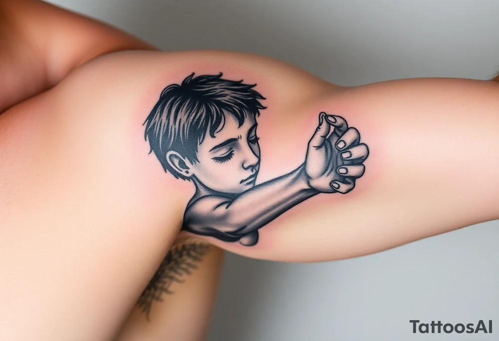 i want a  young boy falling into a void while reaching out to jesus's hand tattoo idea