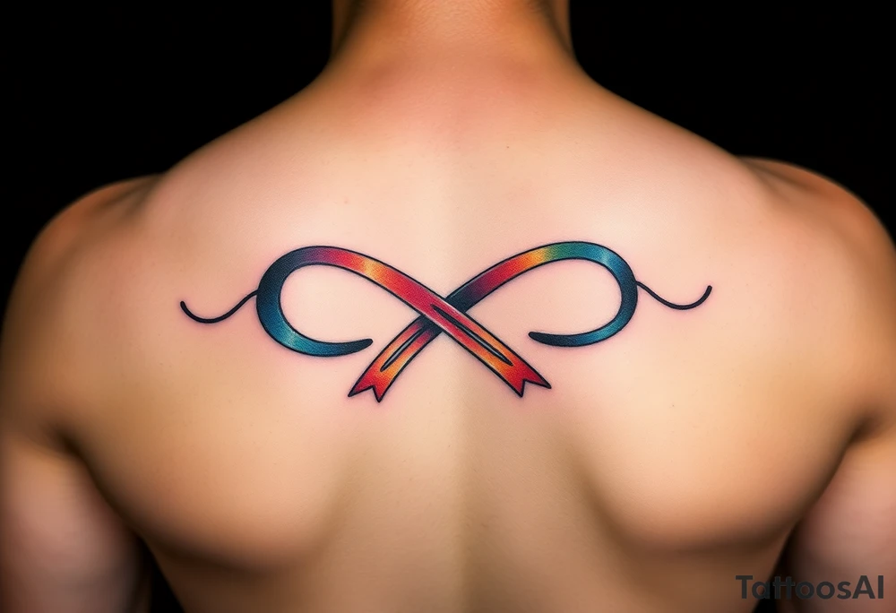 an infinity symbol with 5 colors of ribbons 3 march birthstone color, 1 october birthstone color, and 1 july birthstone color tattoo idea