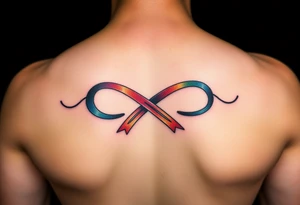 an infinity symbol with 5 colors of ribbons 3 march birthstone color, 1 october birthstone color, and 1 july birthstone color tattoo idea