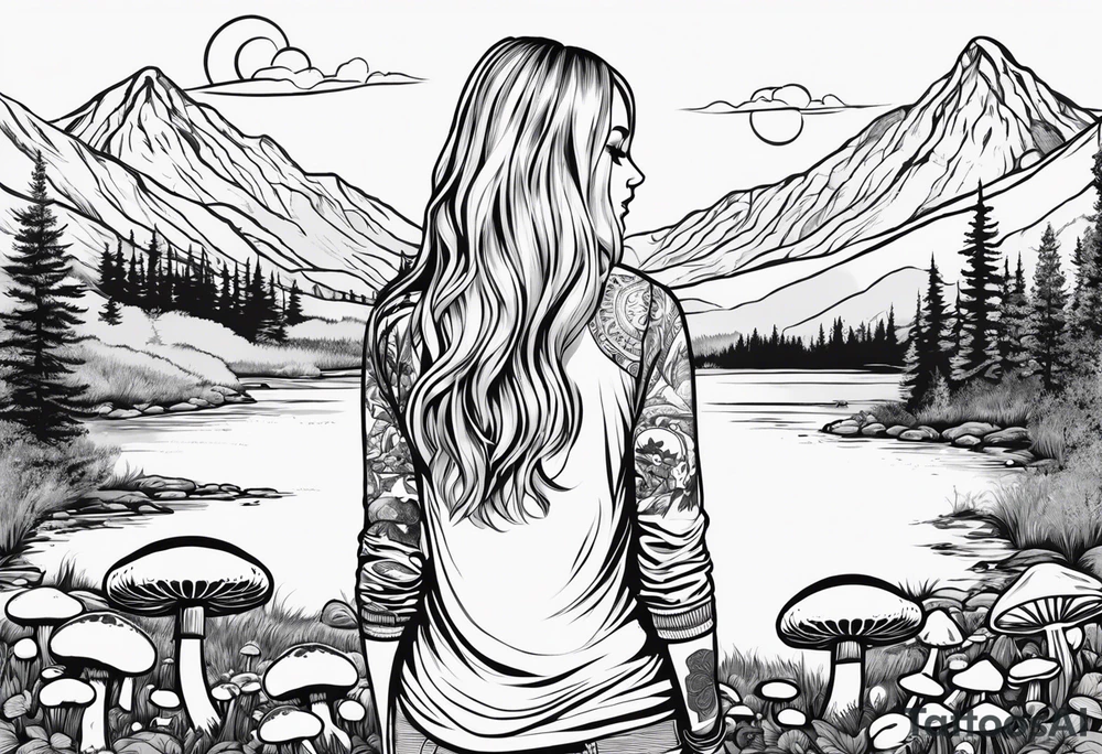 Whole picture encircled fully

Straight long blonde hair hippie girl in distance holding mushrooms in hand facing away toward mountains and creek surrounded by mushrooms long sleeve shirt and hiking pants; whole rendering within a full circle, no cut off circle tattoo idea