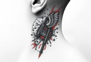 deepfull description of details with clouds,fire guns, money,angels and red for the side of neck tattoo idea