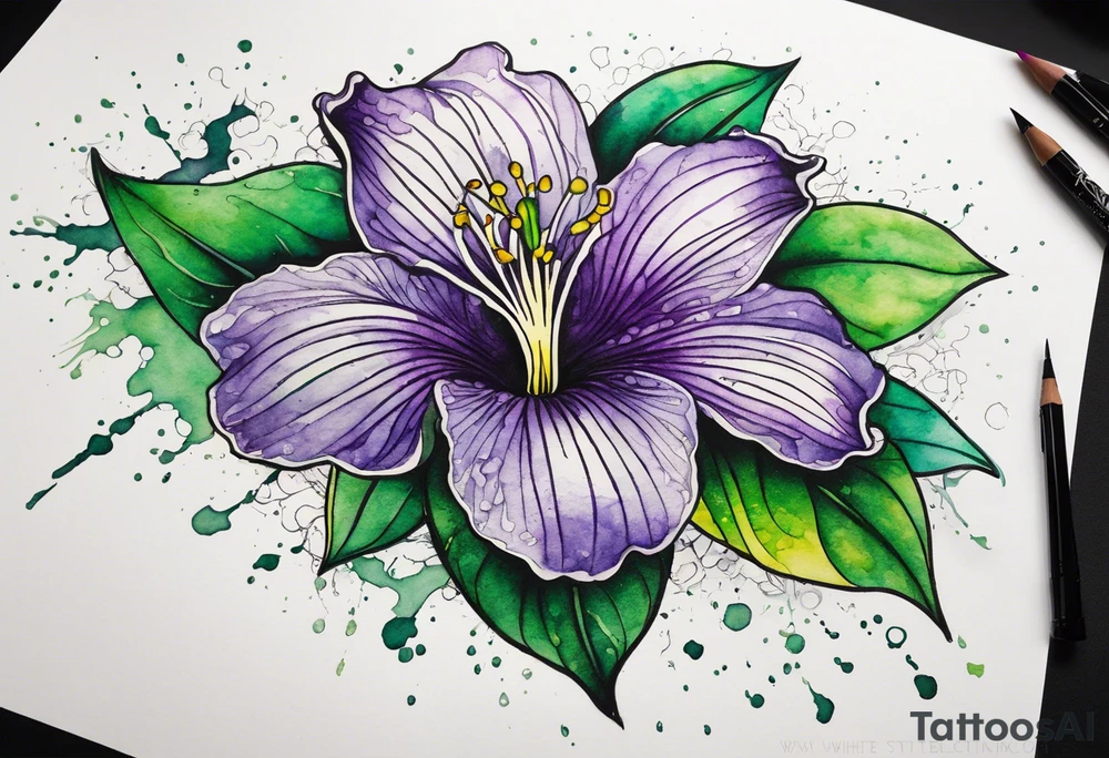A mystical outline of a rio dipladenia flower and a green/purple watercolor splash in the background tattoo idea