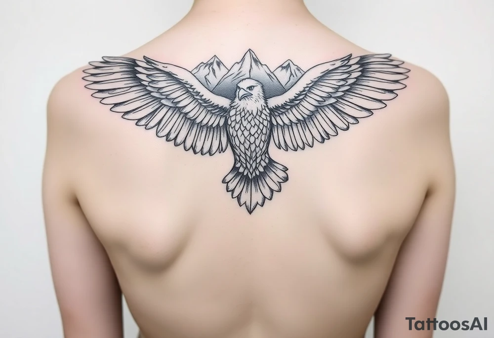 majestic eagle spreading wings against mountain peaks tattoo idea