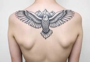 majestic eagle spreading wings against mountain peaks tattoo idea