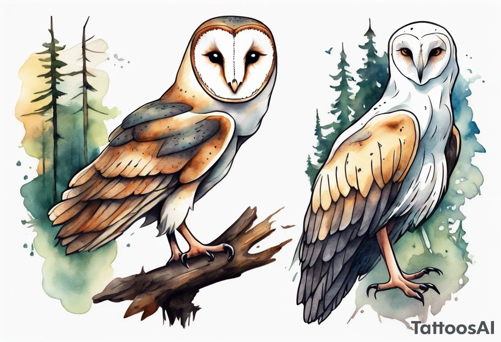 a barn owl with the legs of a stork walking a forest path tattoo idea