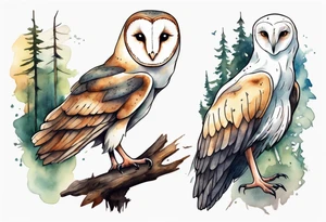 a barn owl with the legs of a stork walking a forest path tattoo idea