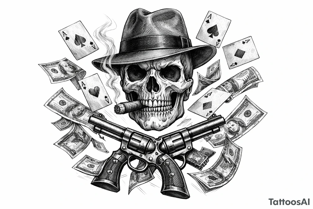 Skull in fedora, cigar, crossed revolvers, flying cards, falling money. tattoo idea