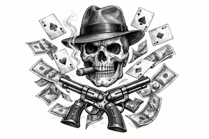 Skull in fedora, cigar, crossed revolvers, flying cards, falling money. tattoo idea
