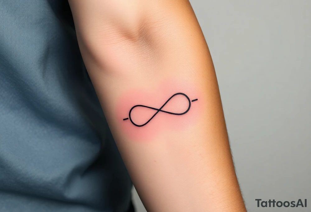 Quero uma tatuagem no antebraço, simples e elegante. O design deve começar com a data de nascimento do meu avô 08-03-1955escrita em vermelho, seguida de um símbolo de infinito em branco, com uma leve sombra ao redor para destacá-lo. O símbolo de infinito deve continuar numa linha reta, como se fosse um infinito sem fim. A linha deve ser discreta e uniforme, mantendo um estilo minimalista. tattoo idea