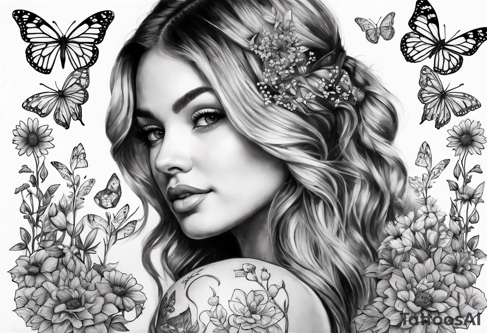 Wildflower field with "Ruby" in calligraphy font and butterflies around it tattoo idea