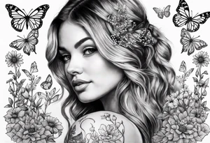 Wildflower field with "Ruby" in calligraphy font and butterflies around it tattoo idea