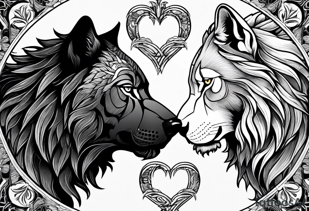 A wolf and a lion facing each other, representing strength and love tattoo idea