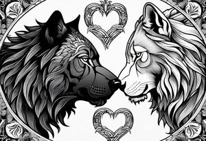 A wolf and a lion facing each other, representing strength and love tattoo idea
