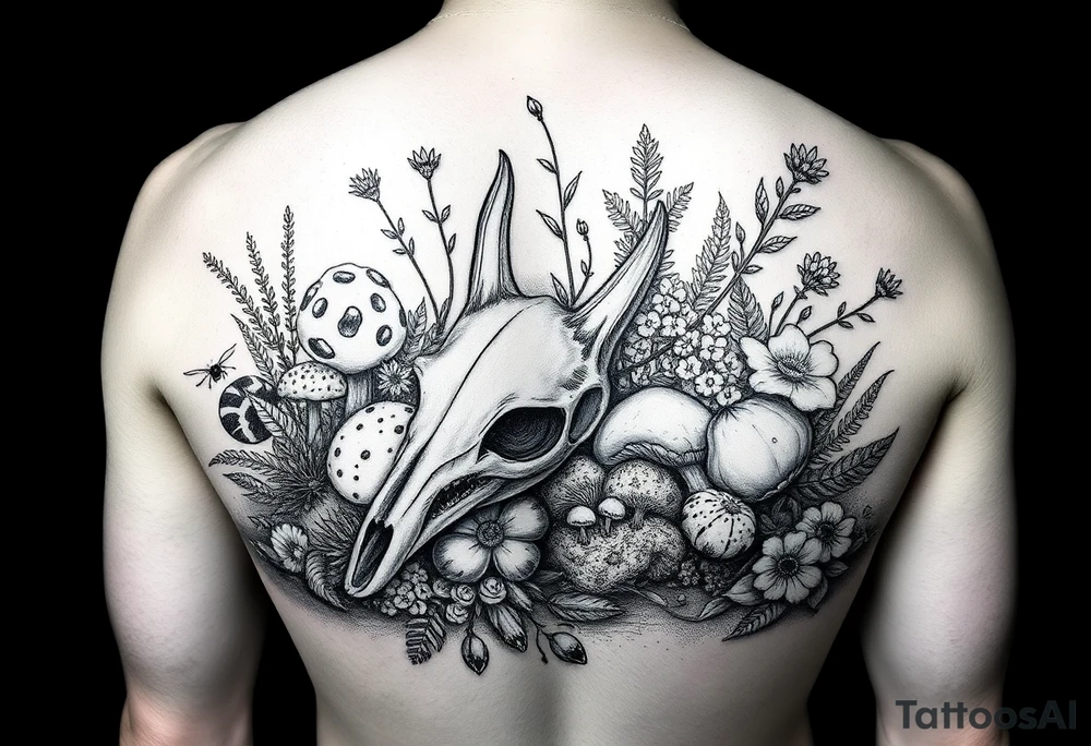 woodland floor with mushrooms, moss, a fox skull, insects, ferns, and flowers, arm piece tattoo idea