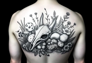 woodland floor with mushrooms, moss, a fox skull, insects, ferns, and flowers, arm piece tattoo idea