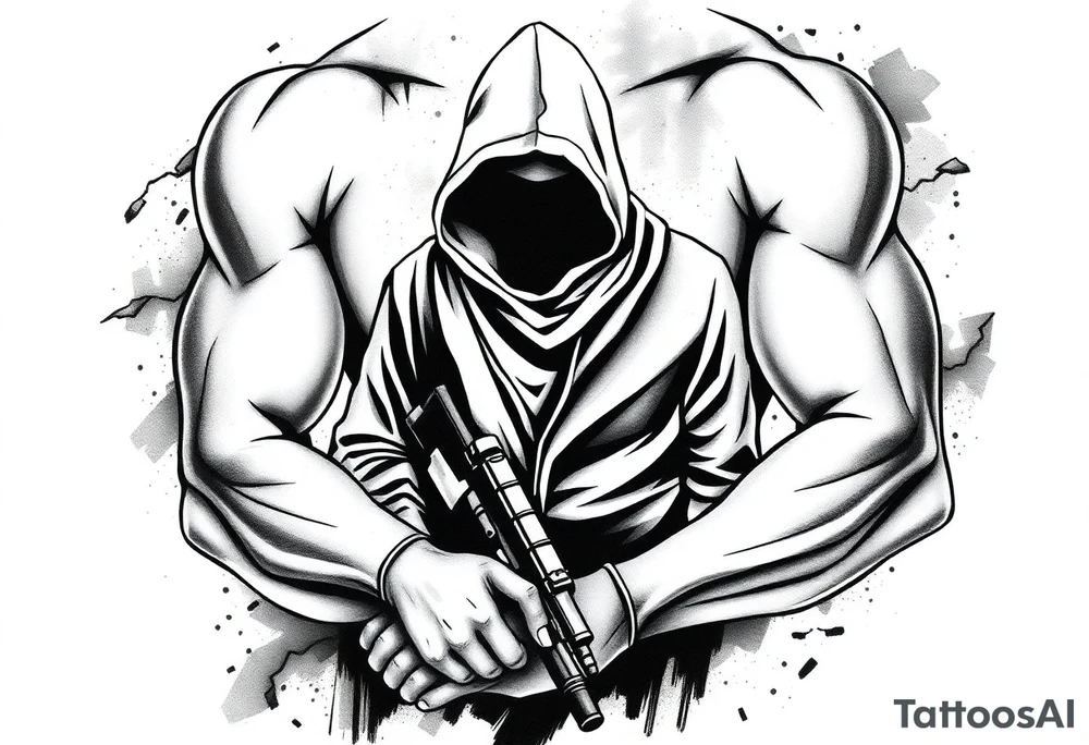 Minimalist covert operative symbolism representing loyalty and survival, faceless soldier silhouette emerging from darkness, torn fabric, subtle scars, controlled posture, black and grey realism, emotional restraint, understated strength, tattoo sleeve element. tattoo idea