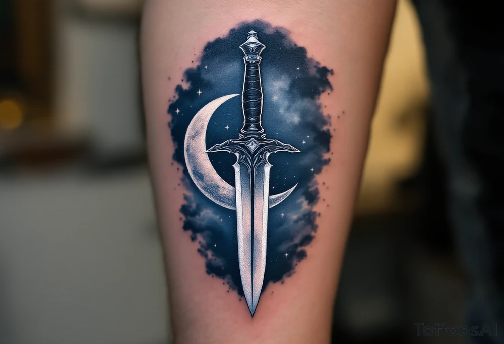Moonlit Dagger – A dagger with a crescent moon etched into the blade, the moon in soft white and the blade in dark gray with subtle silver highlights. The background is filled with soft blue tones, evoking a night sky. tattoo idea