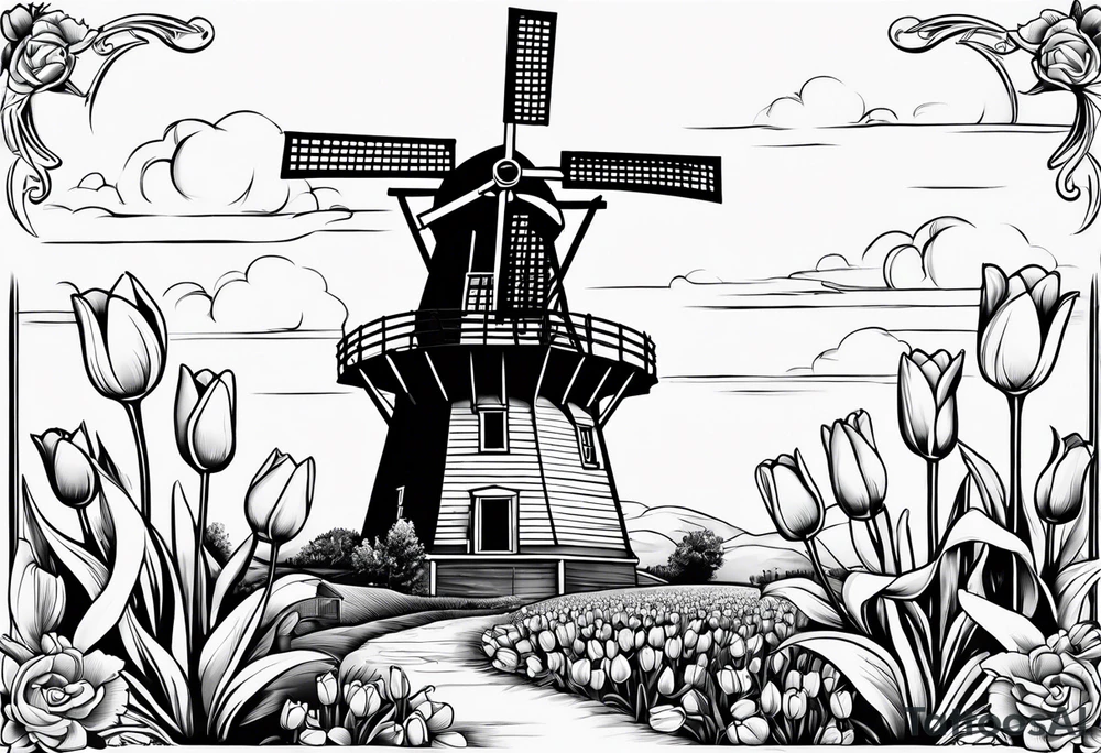 windmill and tulips and kissing couple tattoo idea