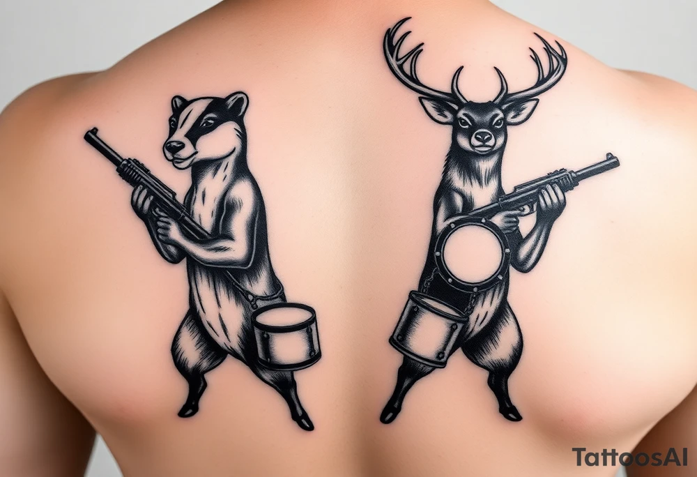 Wisconsin Badger and Milwaukee Buck's Deer standing back against each other both holding gun's with drums on em tattoo idea