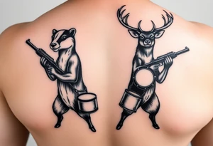 Wisconsin Badger and Milwaukee Buck's Deer standing back against each other both holding gun's with drums on em tattoo idea