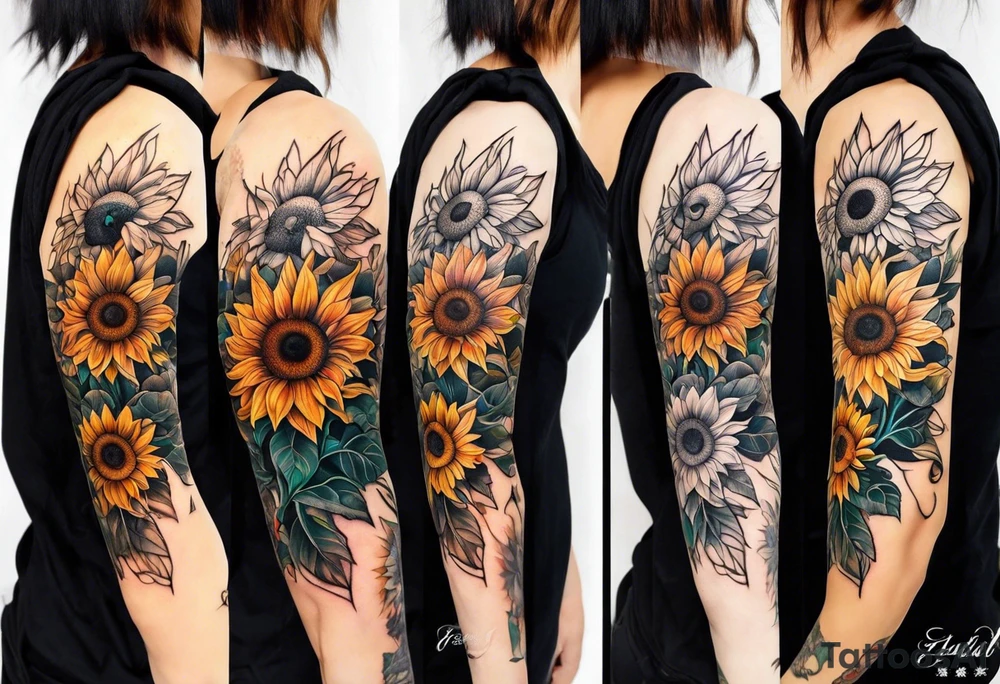 Forearm tattoo sleeve outline consisting of multiple species of sunflowers tattoo idea