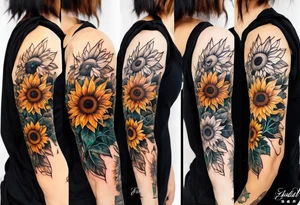 Forearm tattoo sleeve outline consisting of multiple species of sunflowers tattoo idea