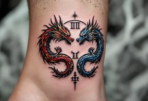 A mirrored twin dragon design, one fiery red and gold, the other icy blue and silver, intertwined in a circular dance and with Gemini glyph tattoo idea