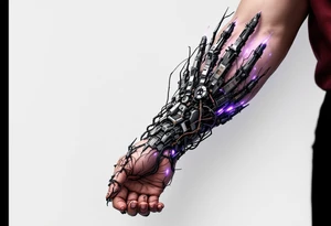 A biomechanical structure crawling up from the palm in brushed aluminum, surrounded by glowing violet circuitry and torn muscle detail. tattoo idea