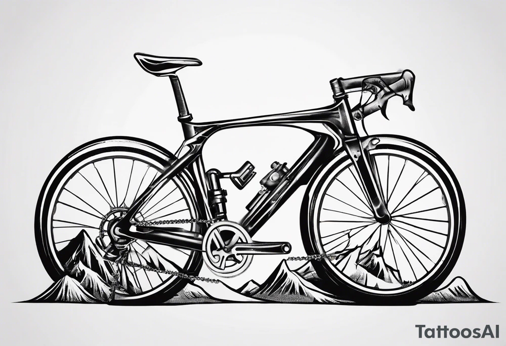 BMC road bicycle on a mountain placed on a dumbbell tattoo idea
