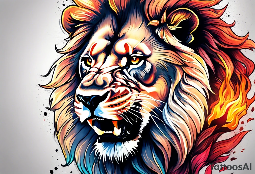 An angry lion surrounded by fire in full color tattoo idea