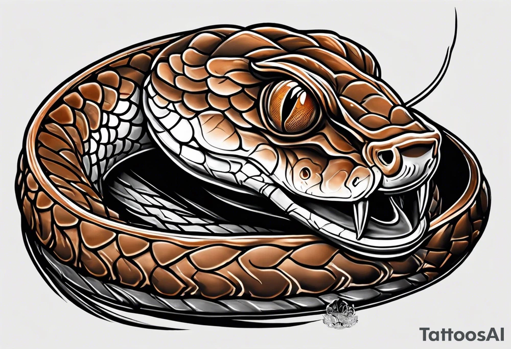 Copperhead with just the head turned up and mouth open, and forked tongue, black and white with copper colored eye tattoo idea