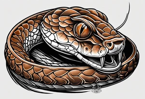 Copperhead with just the head turned up and mouth open, and forked tongue, black and white with copper colored eye tattoo idea