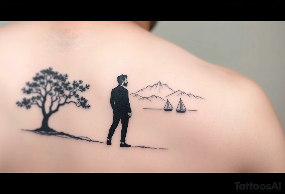 I want a minimalist design that will go on my right bicep, of a man's silhouette of a man on a shoreline, with a tree to his left, looking out at mountains in the distance, and a sailboat in the foreground tattoo idea