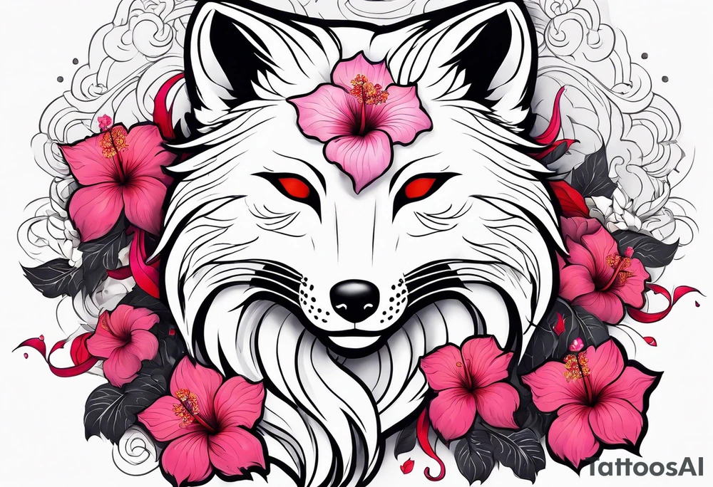 White fox mask with red accents and pink hibiscus flowers tattoo idea