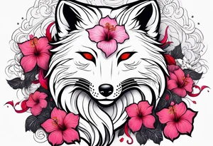 White fox mask with red accents and pink hibiscus flowers tattoo idea