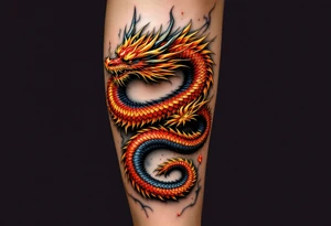 A 3D dragon wrapping around the leg, scales shimmering in metallic red and gold, looking as if it’s breathing fire. tattoo idea