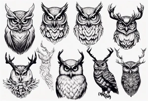 Owl with glistering eyes and antlers sticking out of it's head tattoo idea