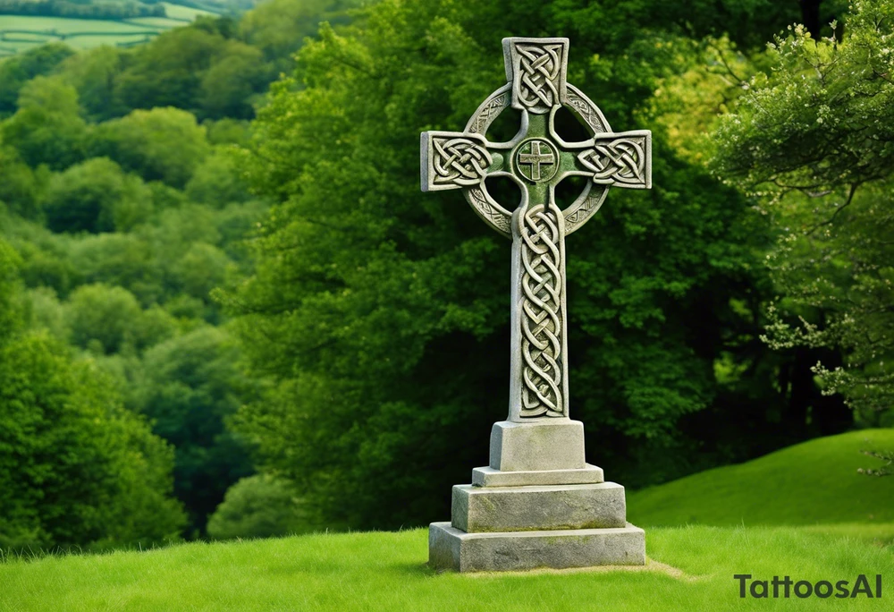 A large, weathered stone Celtic cross standing proudly atop a lush green hill, its four arms stretching skyward. The cross is intricately carved with intertwining knots and spirals, reflecting the artistry of the ancient Celts. A large raven sits perched at the intersection of the cross's arms, its ebony feathers gleaming in the soft light. The bird's eyes seem to hold a wisdom beyond its years, as if it has been witness to countless generations come and gone. tattoo idea