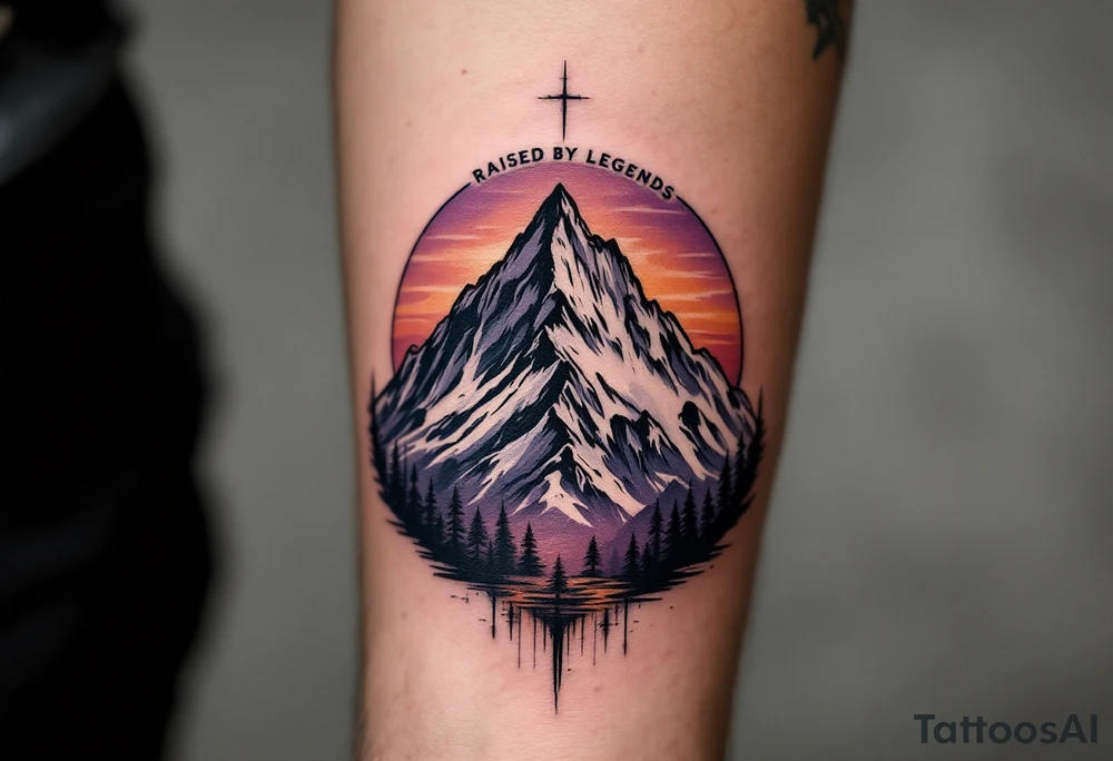 A mountain landscape in dusky purples and oranges with “Raised by Legends” above it. tattoo idea